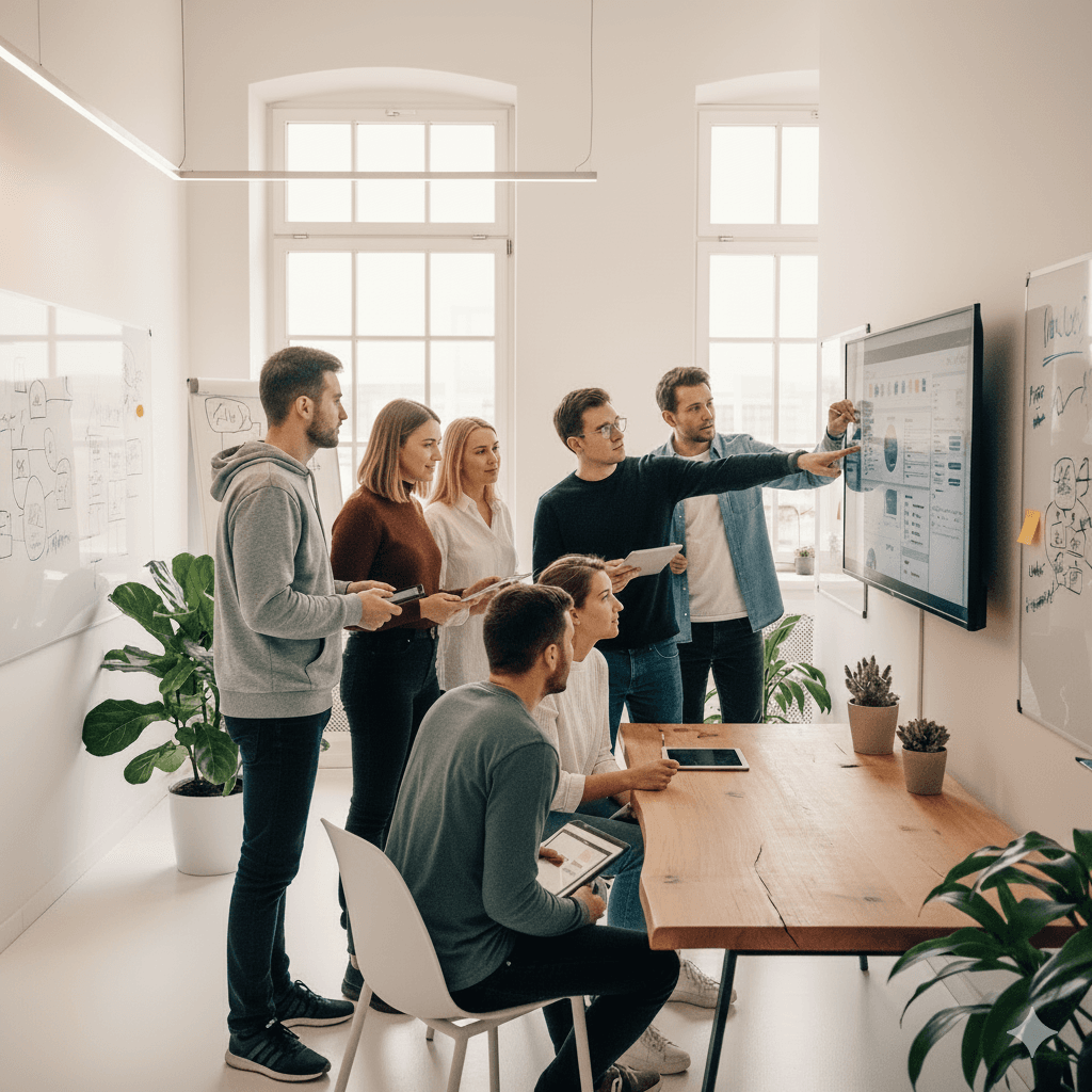 Equipo trabajando en pizarra con indicadores